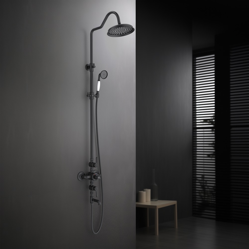 Душевая система Aquanet Классик AQ2543MB термостатическая с изливом 220 мм матовый черный AQ2543MB