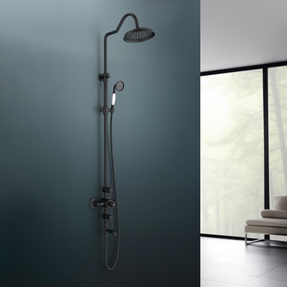 Душевая система Aquanet Классик AQ2543MB термостатическая с изливом 220 мм матовый черный AQ2543MB