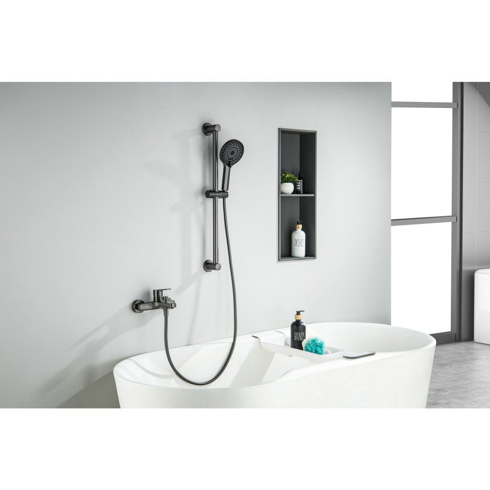 Смеситель для ванны Aquanet Лугано с душевым гарнитуром 3jet оружейная сталь AQ1748BGM