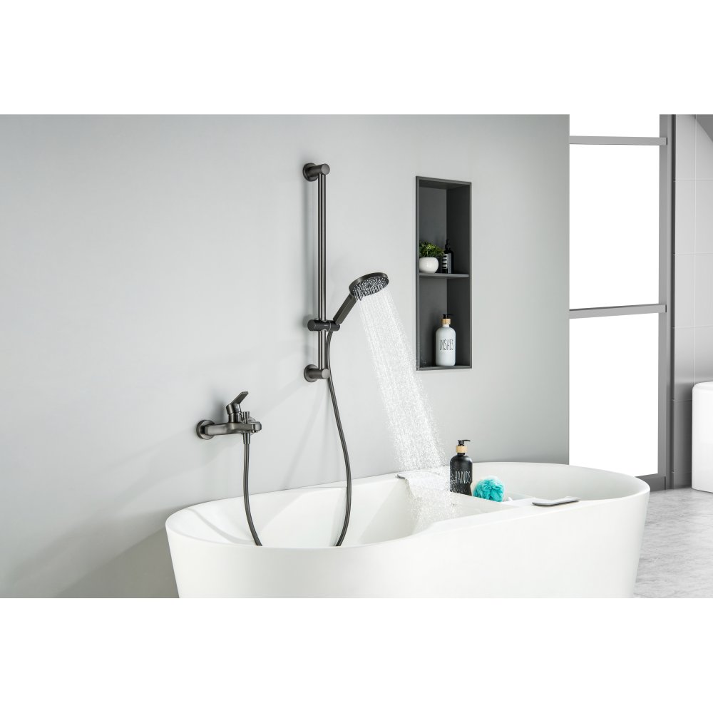 Смеситель для ванны Aquanet Лугано с душевым гарнитуром 3jet оружейная сталь AQ1748BGM