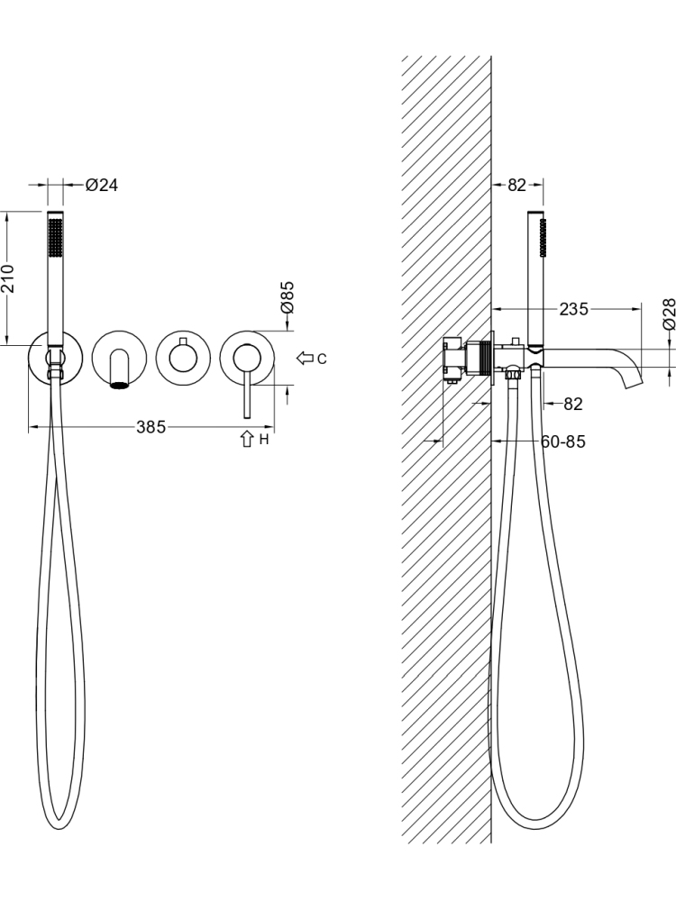 Смеситель для ванны встраиваемый Aquanet Европа внешняя и скрытая часть оружейная сталь AQ1344BGM