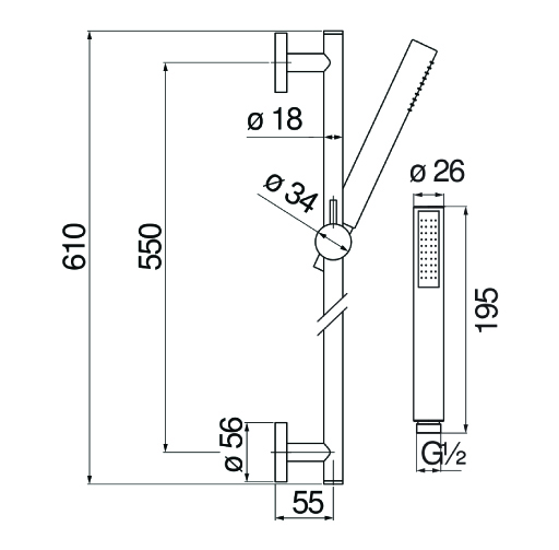 Душевой гарнитур Rossinka AD140/37FLP 60 см 1 режим глянцевый черный AD140/37FLP