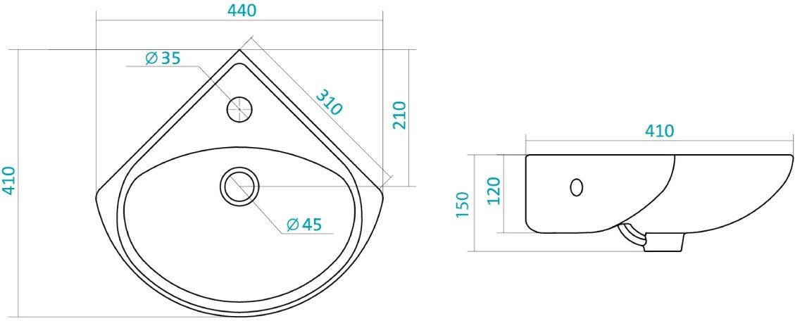 Умывальник Santek Ирис 36 см угловой 1 отверстие 1.WH11.0.514