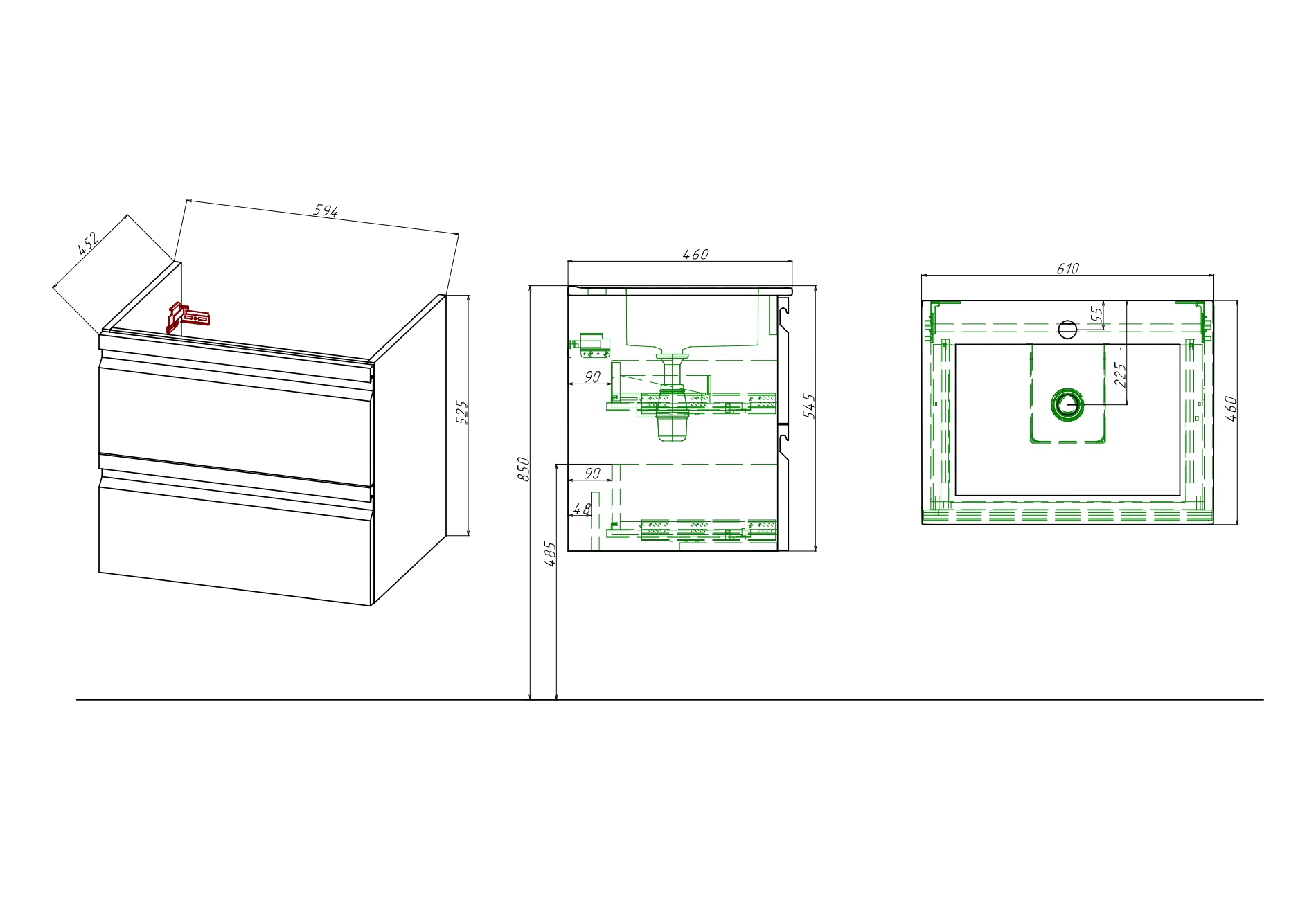 Комплект мебели для ванной AQUATON ВЕГА 60 с раковиной AQ0460-00 шалфей зеленый AQ77060-GS
