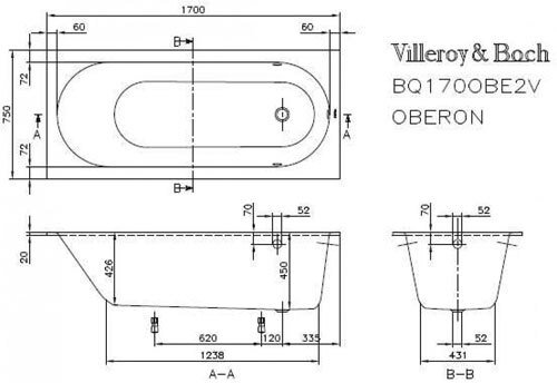 Ванна квариловая Villeroy & Boch Oberon Solo 170x75 см с ножками белая UBQ170OBE2V-01