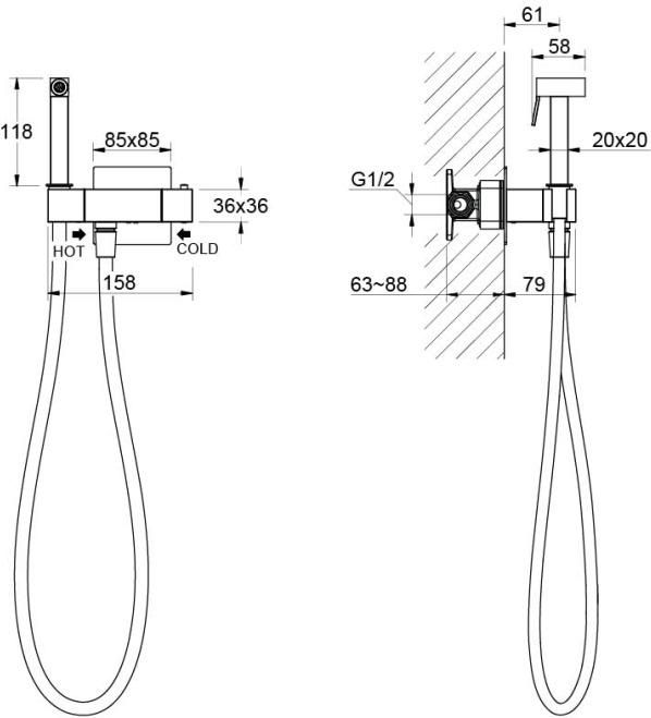 Комплект для гигиенического душа термостатический встроенный Aquanet Libra смеситель, лейка, шланг, матовый черный AQ1028MB