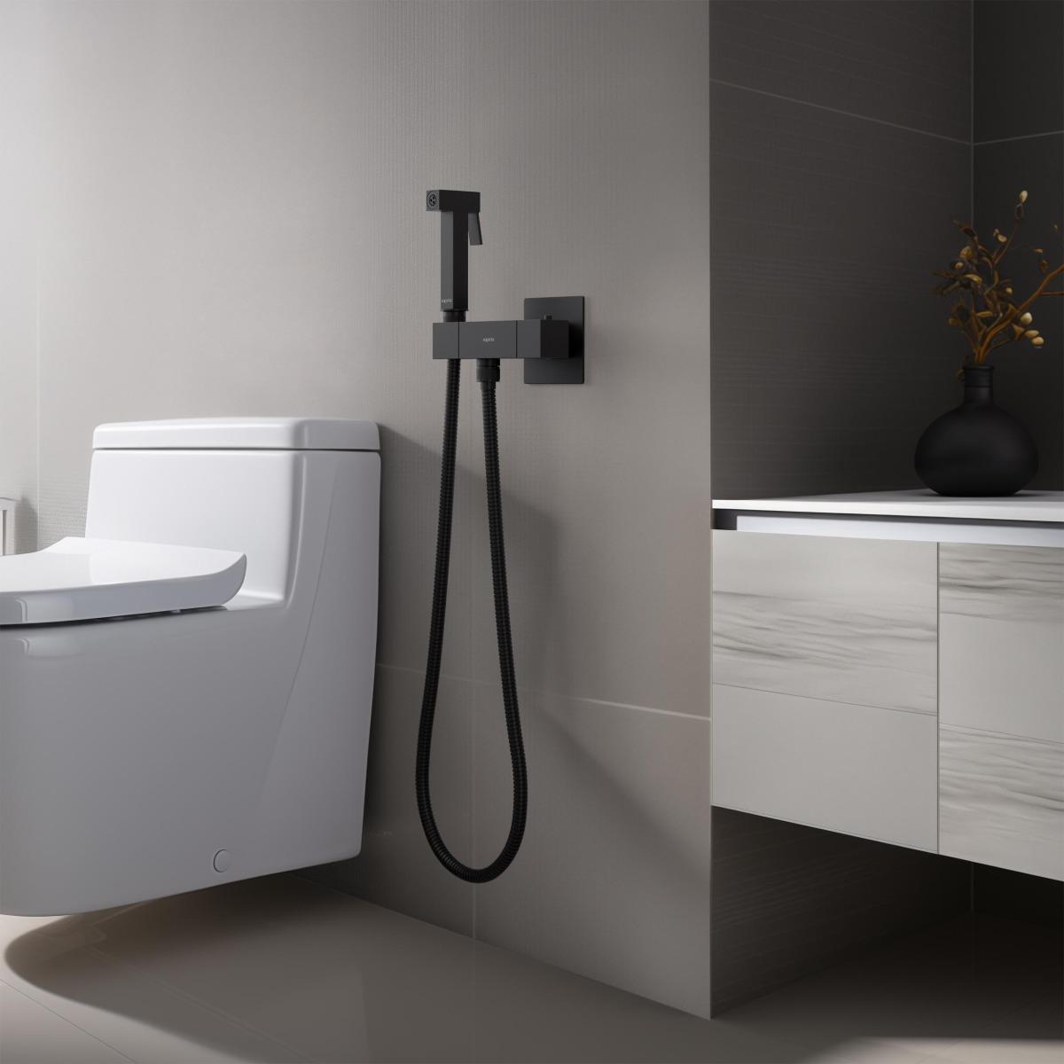 Комплект для гигиенического душа термостатический встроенный Aquanet Libra смеситель, лейка, шланг, матовый черный AQ1028MB