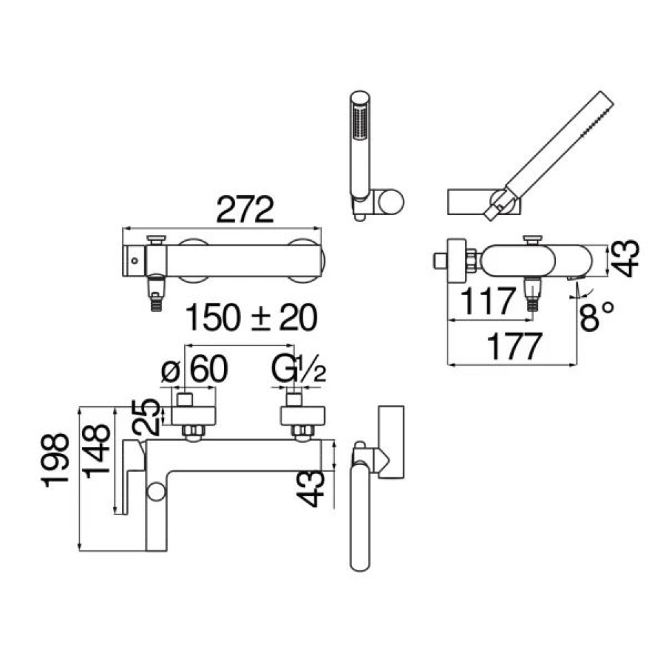 Смеситель для ванны UP с душевым набором матовый черный UP94110BM