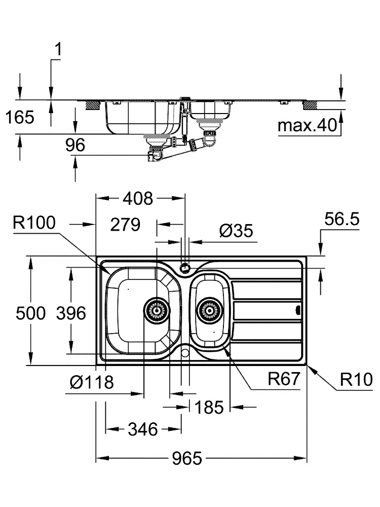 Кухонная мойка GROHE K200 60-S 96.5x50 см нержавеющая сталь 31564SD1