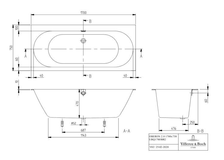 Ванна Villeroy & Boch Oberon 2.0 1700x750 мм Stone White UBQ170OBR2DVRW