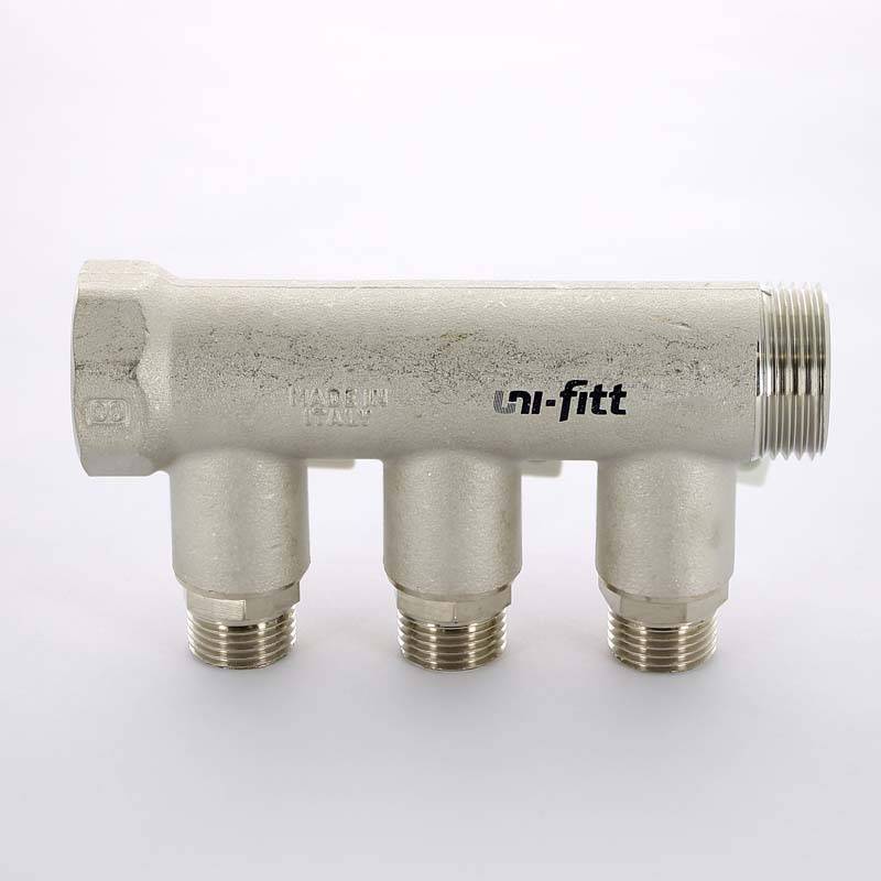Коллектор распределительный Uni-Fitt 1 НВ 3 выхода 1/2 Н 40 мм с отсечными кранами никелированный 424N4230