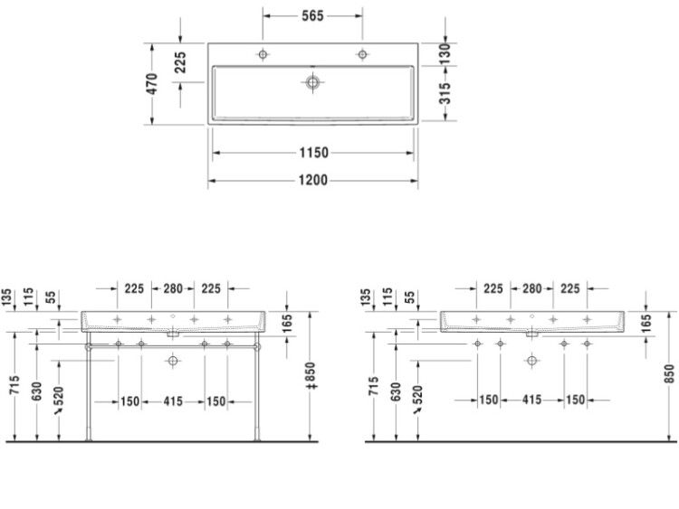 Раковина Duravit Vero Air 1200x470 мм 2 отверстия под смеситель 2350120024