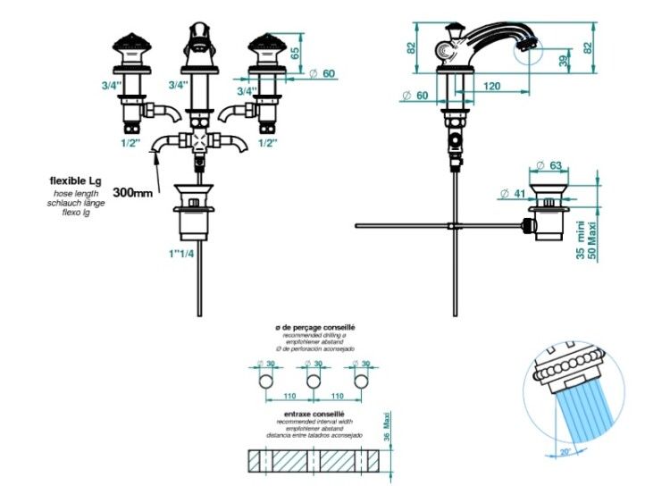 Смеситель для раковины THG Versailles на 3 отверстия с донным клапаном золото G14F01151