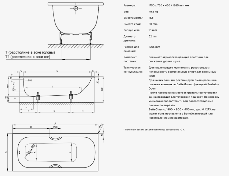 Ванна Bette BetteClassic 1750x750x450 мм с антислипом BetteAntislip Sense белая 3112000AS