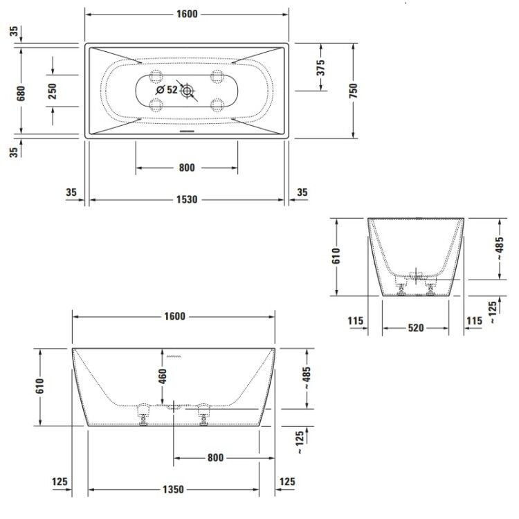 Ванна Duravit DuraSquare 1600x750 мм отдельностоящая белый матовый 700460000000000