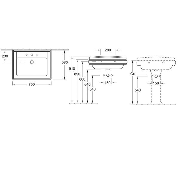 Раковина Villeroy & Boch Hommage 750x580 мм, 3 отверстия для смесителя, альпийский белый CeramicPlus 7101A1R1