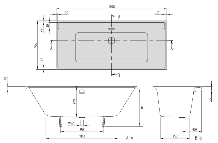 Ванна Villeroy & Boch Collaro 1700x750 мм слив-перелив хром UBA170COR2DV01