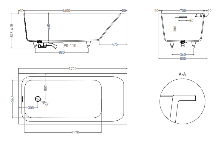 Ванна встраиваемая Salini Orlanda Kit 1700x800x600 мм матовая RAL 9011 102126MFRAL9011matt