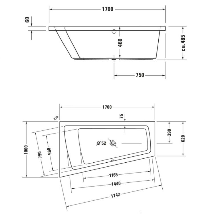 Ванна Duravit Paiova 1700x1000 мм встраиваемая трапециевидная наклон спинки слева 700212000000000