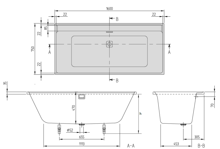 Ванна Villeroy & Boch Collaro 1600x750 мм слив-перелив хром UBA160COR2DV01