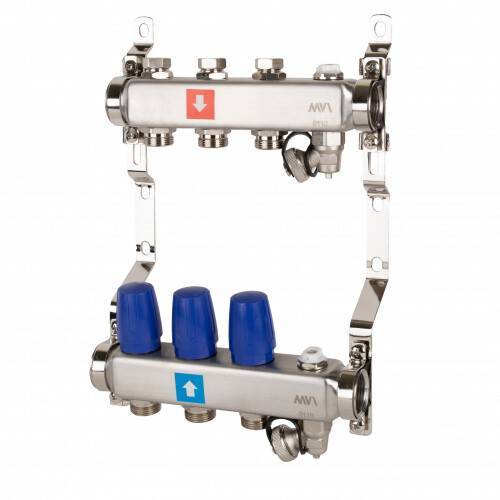 Коллекторная группа Hogert Premium 1 x 3/4 EK 3 выхода без расходомеров с дренажным краном и воздухоотводчиком HOGMS60306