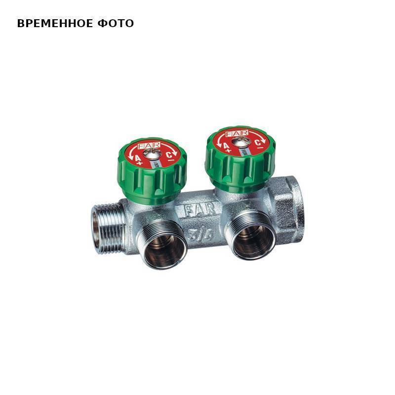 Коллектор распределительный FAR 3/4 НВ 2 выхода M24x19 под 90 градусов 45 мм с вентилями хромированный FK 3825 C34