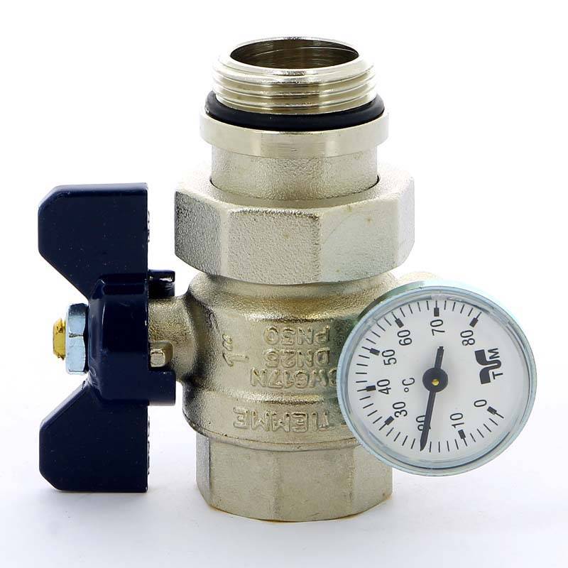 Кран шаровой Tiemme 1 НВ с разъемным соединением и термометром бабочка синяя 2120042