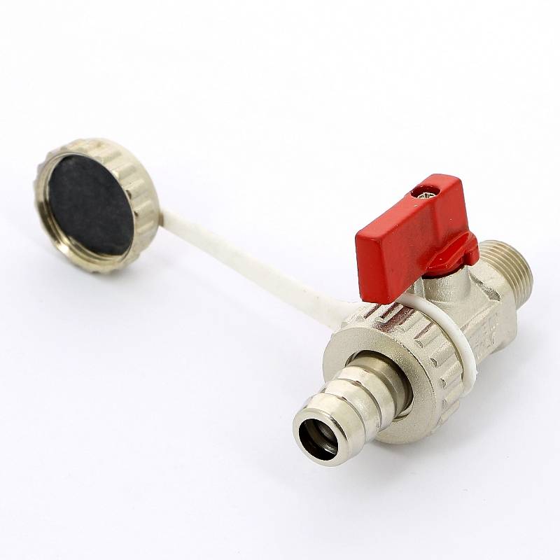 Кран шаровой сливной Uni-Fitt 3/8 x 3/4 НН со штуцером и заглушкой никелированный 126N1000