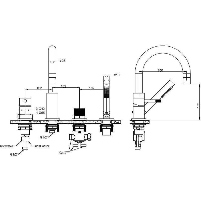 Смеситель на борт ванны Boheme Uno на 4 отверстия с изливом и ручным душем золото матовое 460-MG