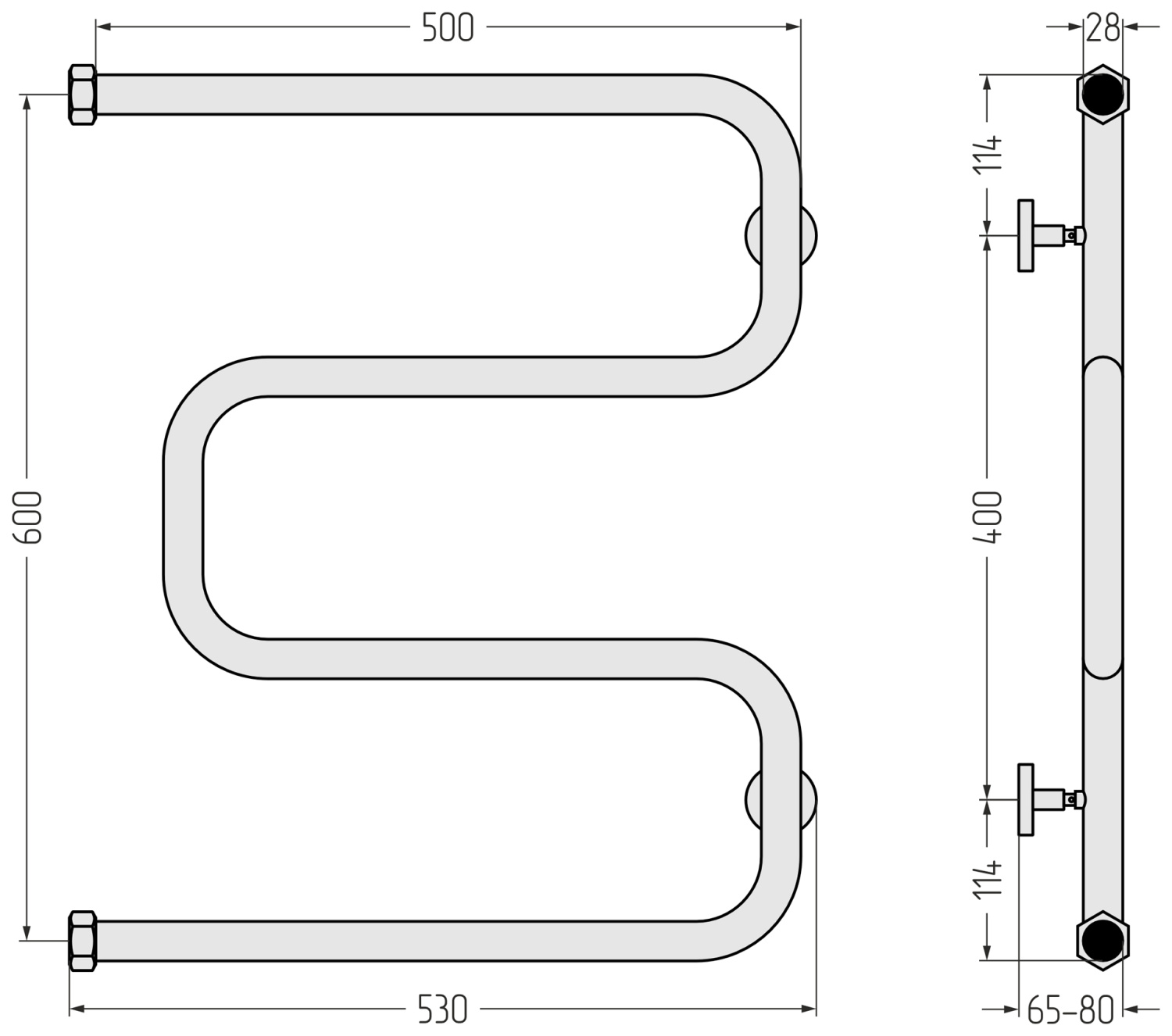 Полотенцесушитель водяной Сунержа Ш-образный+ 530x628 мм тёмный титан муар матовый 15-4014-6050