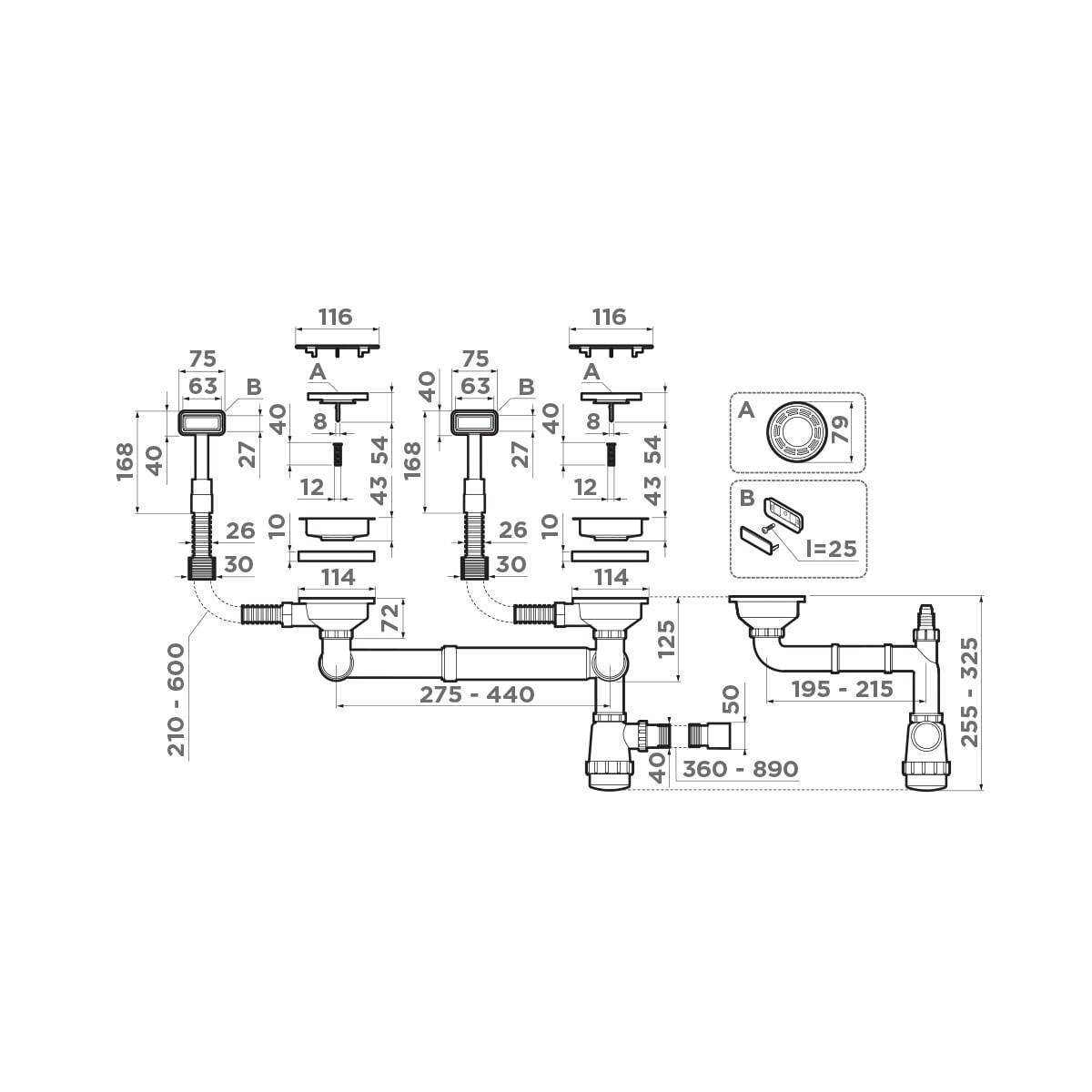Арматура для двухчашевых моек Omoikiri WK-2C-GB прямоугольный перелив графит 4956759