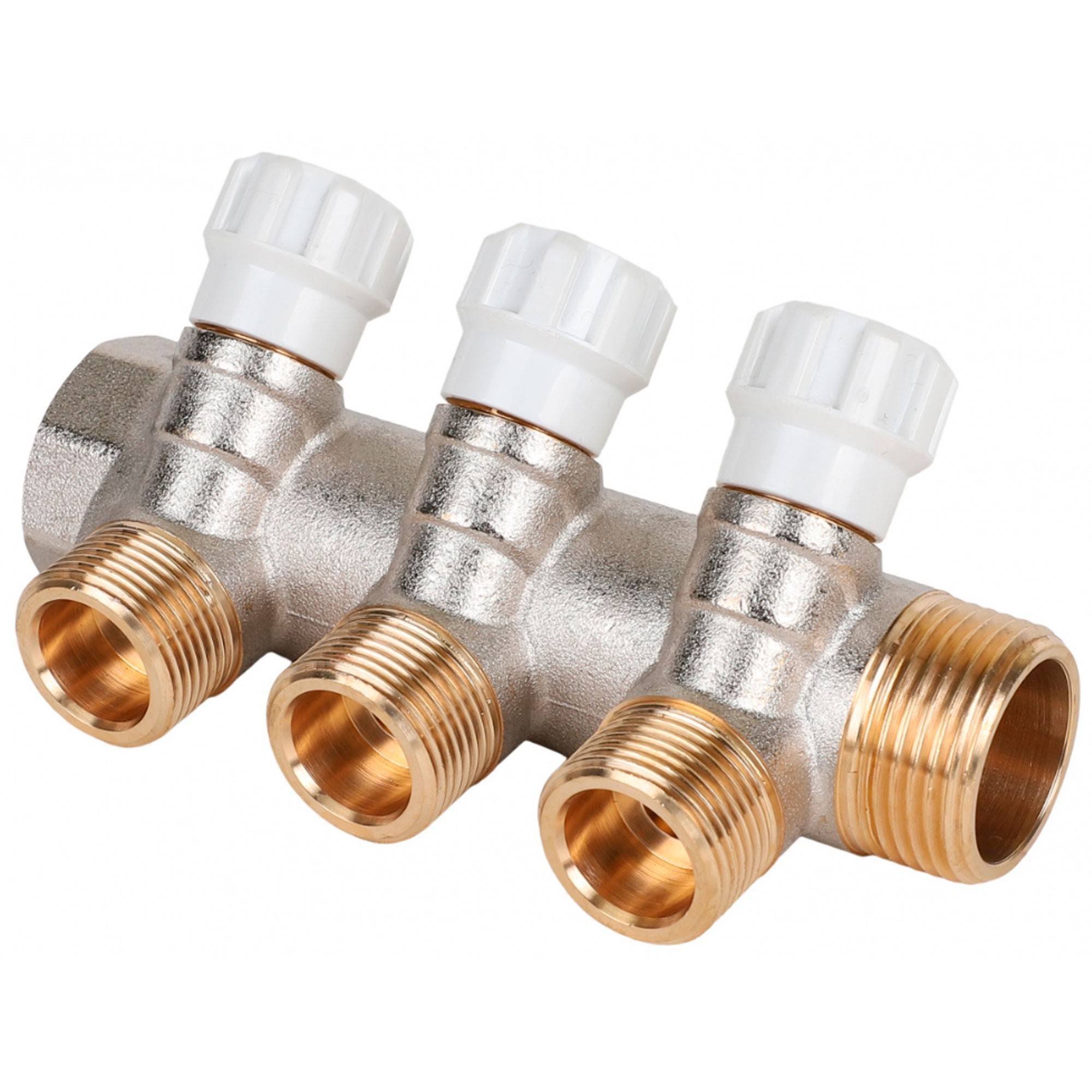 Коллектор латунный MVI 1 x 3/4 на 3 выхода с регулирующими вентилями AMM.403.0605