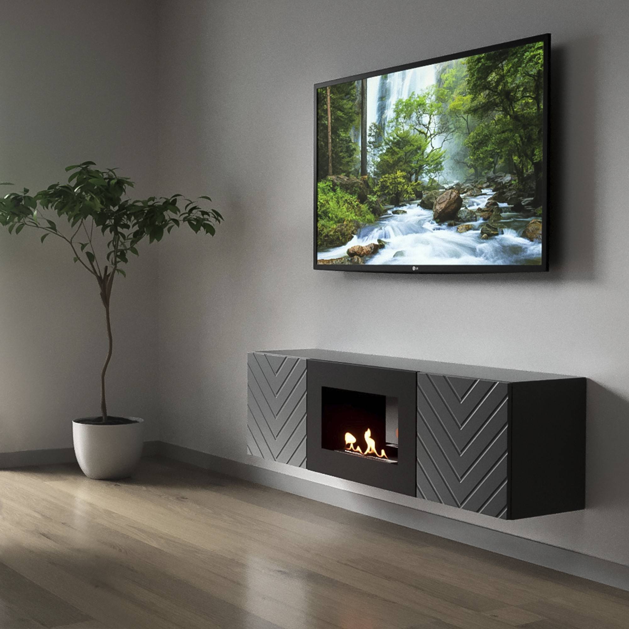 Каминокомплект тумба с биокамином Firelight BFP/P-1400V графит с набором керамических дров береза НС-1708840