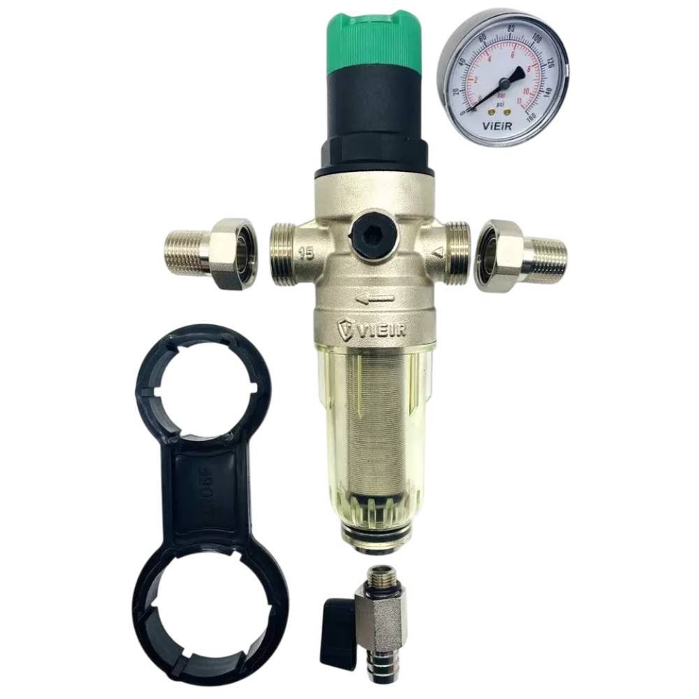 Фильтр промывной VIEIR 1/2 с регулятором давления и манометром для холодной воды никелированный VR172N-15