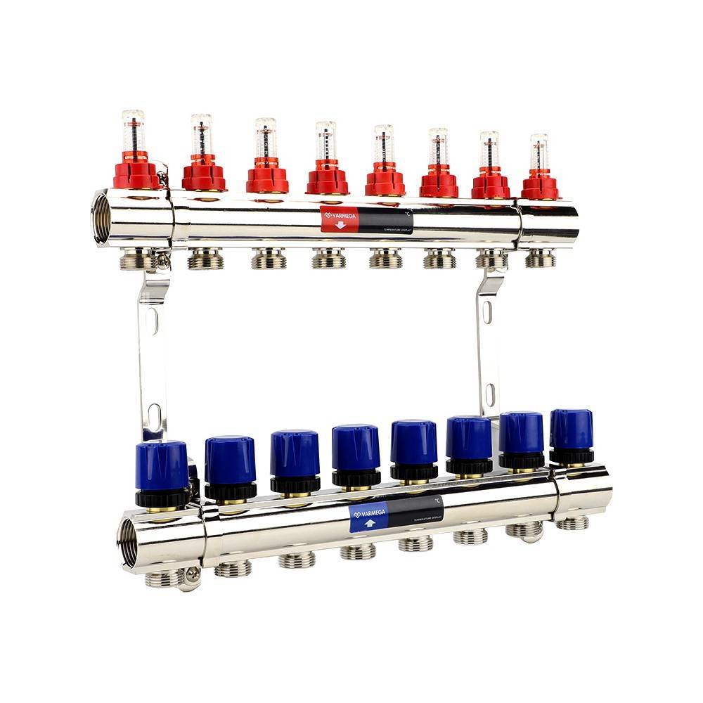 Группа коллекторная Varmega 1 x 8 выходов 3/4 EK с расходомерами латунь VM15408
