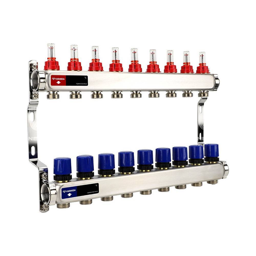 Коллекторная группа с расходомерами Varmega 1 на 9 контуров 3/4 EK нержавеющая сталь VM15109