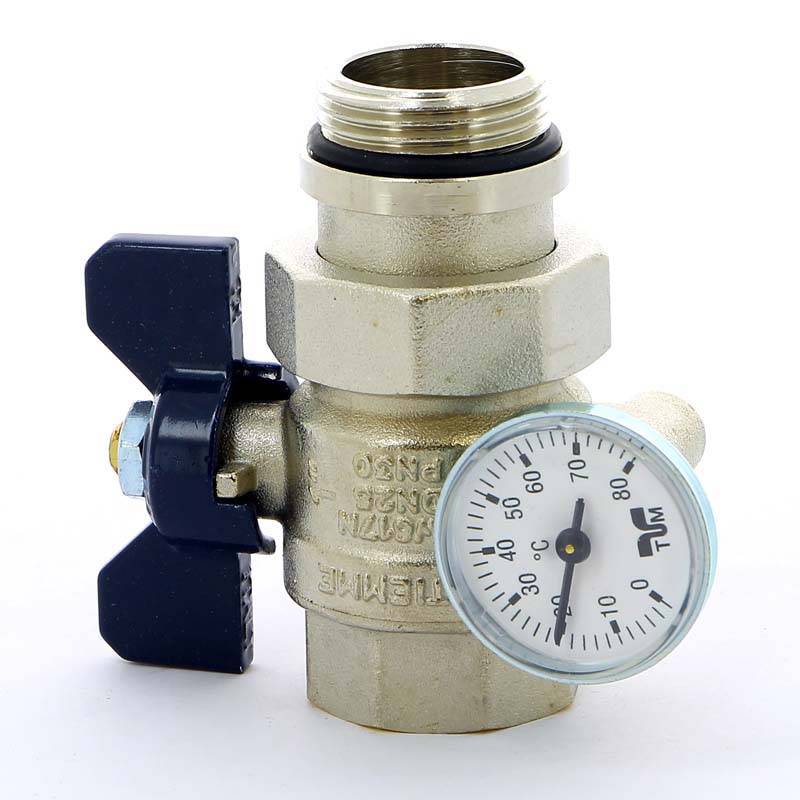 Кран шаровой Tiemme 1 НВ с разъемным соединением и термометром бабочка синяя 2120042