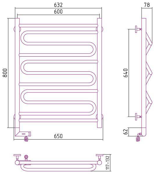 Полотенцесушитель электрический Сунержа Элегия 2.0 600x800 мм левый без покрытия 00-5218-8060