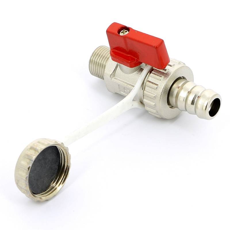 Кран шаровой сливной Uni-Fitt 3/8 x 3/4 НН со штуцером и заглушкой никелированный 126N1000