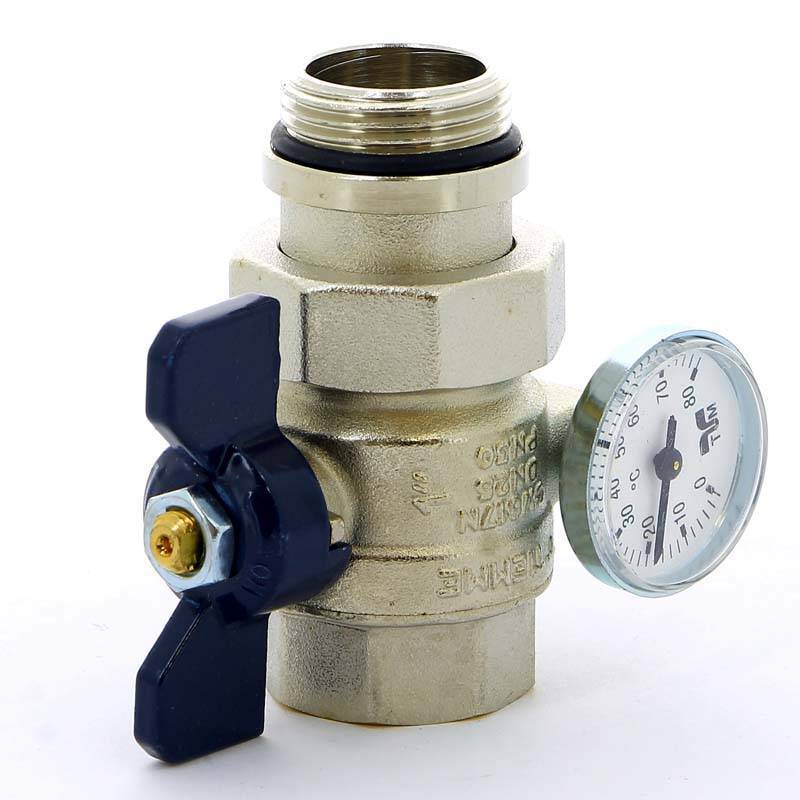 Кран шаровой Tiemme 1 НВ с разъемным соединением и термометром бабочка синяя 2120042