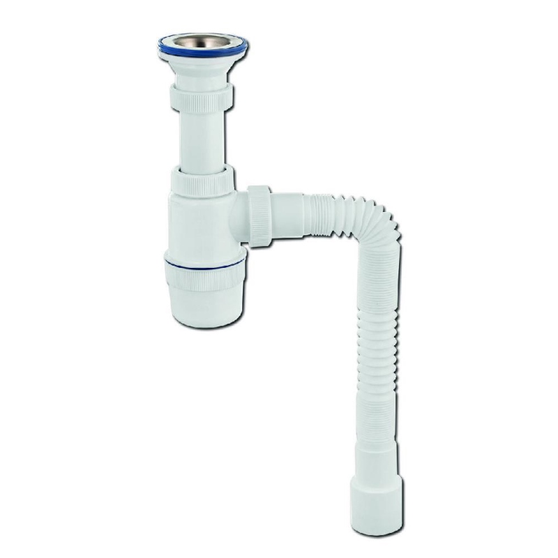 Сифон Элит 1 1/2 х 40 мм с литым выпуском, нерж. чашка D70 мм и c гофротрубой L800 мм 40 х 40/50 мм