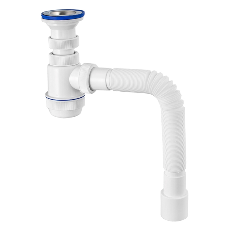 Сифон Элит 1 1/2 х 40 мм с удлинённым вып., нерж. чашка D70 мм, гофротруба L800 мм 40 х 40/50 мм