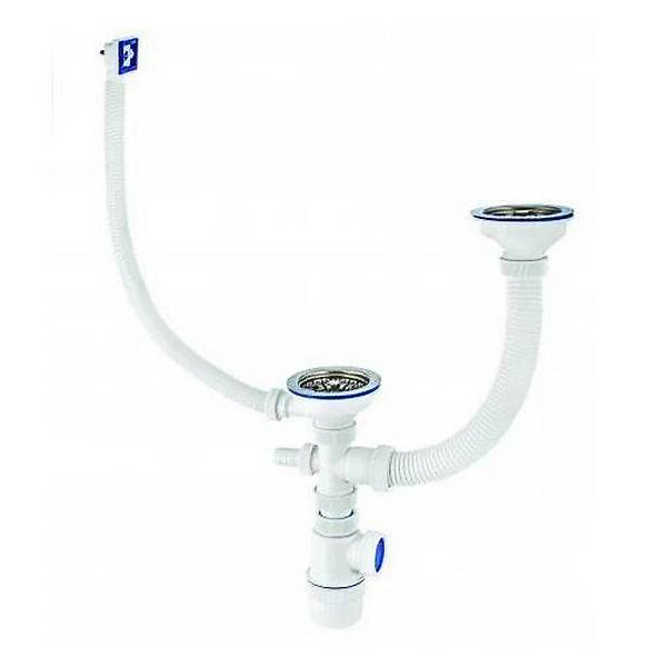 Сифон Элит 1 1/2 х 40 мм для двойной мойки с нерж. чашками D114 мм, с отводом и с прямоуг.пер. L300