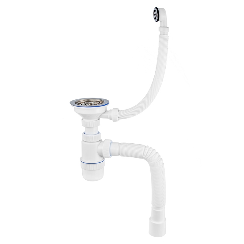 Сифон Элит 1 1/2 х 40 мм, нерж. чашка D114 мм, круг.пер. L300 мм и с гофротрубой L800 мм 40 х 40/50