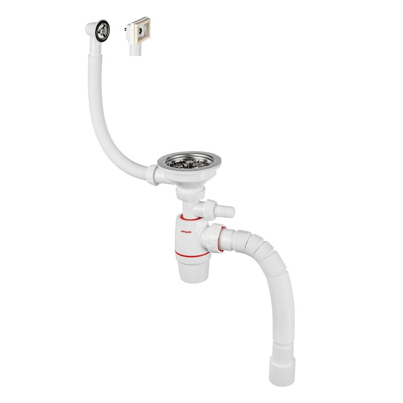 Сифон NEO, нерж. чашка D114 мм 1 1/2 х 40/50, с отв. для быт.техники, круг. и квад. перелив, L800 мм