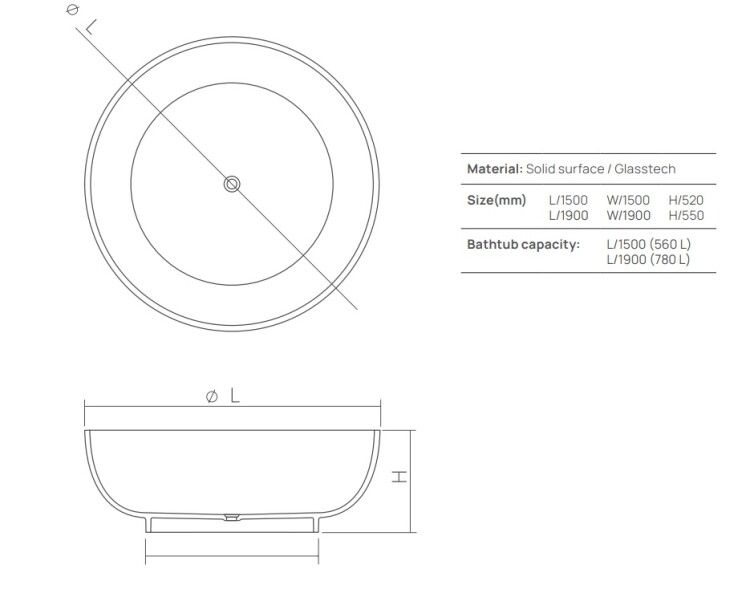 Ванна отдельностоящая DEA Design Round 1900x1900x550 мм искусственный камень белая матовая DD8610190018