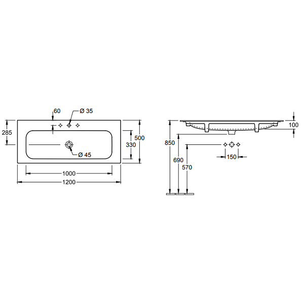 Раковина Villeroy & Boch Finion 1200x500 мм 1 отверстие для смесителя альпийский белый 4164C2R1