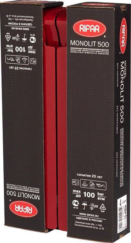 Радиатор биметаллический RIFAR Monolit 500 4 секции боковое подключение бордо M50004