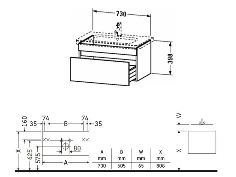 Тумба под раковину Duravit DuraStyle 730x448x398 мм подвесная 1 ящик цвет белый матовый DS638101818