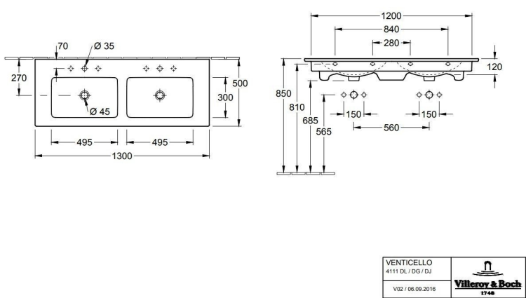 Раковина двойная Villeroy & Boch Venticello 1300x500 мм, 2 отверстия под смеситель, CeramicPlus, цвет Stone White 4111DLRW